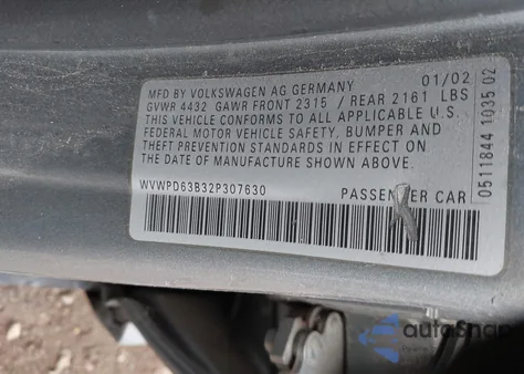 2002 Volkswagen Passat Gls from USA, damaged, VIN WVWPD63B32P307630
